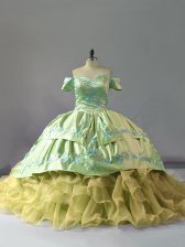 High Class Sleeveless Chapel Train Embroidery and Ruffles Lace Up 15th Birthday Dress