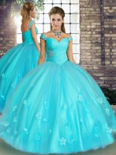  Aqua Blue Lace Up Quinceanera Dress Beading and Appliques Sleeveless Floor Length