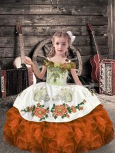 Lovely Sleeveless Organza Floor Length Lace Up Little Girl Pageant Dress in Orange Red with Beading and Embroidery and Ruffles