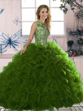  Olive Green Sleeveless Organza Lace Up Quince Ball Gowns for Military Ball and Sweet 16 and Quinceanera