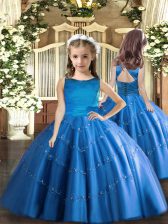  Blue Ball Gowns Scoop Sleeveless Tulle Floor Length Lace Up Beading Kids Formal Wear