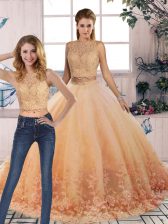 Spectacular Peach 15th Birthday Dress Tulle Sweep Train Sleeveless Lace