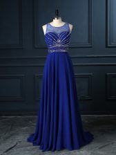  Scoop Sleeveless Brush Train Criss Cross Homecoming Dress Royal Blue Chiffon