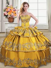 Glorious Floor Length Lace Up Quinceanera Dress Gold for Sweet 16 and Quinceanera with Embroidery and Ruffled Layers