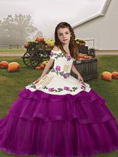  Purple Tulle Lace Up Straps Sleeveless Floor Length Kids Pageant Dress Embroidery and Ruffled Layers