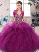 Flare Floor Length Fuchsia Quinceanera Dress Tulle Sleeveless Beading and Ruffles
