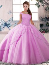 Fashion Lilac Tulle Lace Up Off The Shoulder Sleeveless Sweet 16 Quinceanera Dress Brush Train Beading