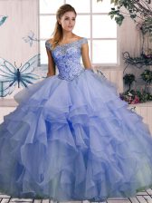  Organza Off The Shoulder Sleeveless Lace Up Beading and Ruffles Vestidos de Quinceanera in Lavender