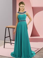 Attractive Teal Prom Party Dress Prom and Party with Beading Scoop Sleeveless Brush Train Zipper