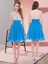 High End Baby Blue Sleeveless Mini Length Beading Side Zipper Vestidos de Damas