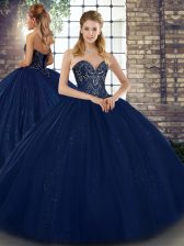  Navy Blue Lace Up Quinceanera Dress Beading Sleeveless Floor Length