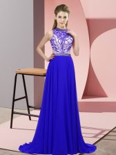 Charming Blue Sleeveless Chiffon Brush Train Backless Prom Party Dress for Prom and Party