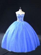  Blue Ball Gowns Sweetheart Sleeveless Tulle Floor Length Lace Up Beading Ball Gown Prom Dress