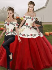 Admirable Sleeveless Organza Floor Length Lace Up 15 Quinceanera Dress in White And Red with Embroidery