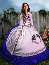  Embroidery and Ruffles Sweet 16 Quinceanera Dress Blue And White Lace Up Sleeveless Floor Length