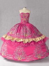Amazing Hot Pink Ball Gowns Embroidery Ball Gown Prom Dress Lace Up Satin and Organza Sleeveless