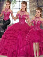  Floor Length Lace Up Vestidos de Quinceanera Fuchsia for Military Ball and Sweet 16 and Quinceanera with Beading and Ruffles