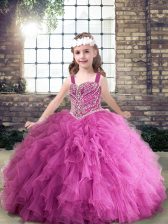  Lilac Tulle Zipper Straps Sleeveless Floor Length Kids Pageant Dress Beading