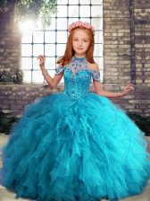 New Arrival Beading and Ruffles Kids Formal Wear Aqua Blue Lace Up Sleeveless Floor Length