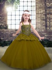 Luxurious Floor Length Olive Green Pageant Dress Womens Tulle Sleeveless Beading