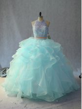 Smart Floor Length Two Pieces Sleeveless Light Blue Sweet 16 Dress Backless