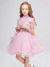  Tulle High-neck Short Sleeves Zipper Appliques Flower Girl Dresses for Less in Baby Pink