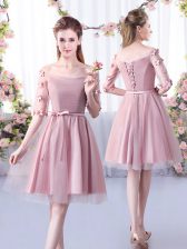 Fantastic Off The Shoulder Half Sleeves Dama Dress Knee Length Belt Pink Tulle