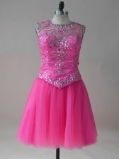 High Class Hot Pink Scoop Neckline Beading Prom Party Dress Sleeveless Lace Up