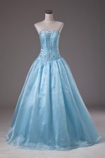 Perfect Baby Blue Organza Lace Up Ball Gown Prom Dress Sleeveless Floor Length Beading