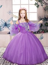  Straps Sleeveless Girls Pageant Dresses Floor Length Beading Lavender Tulle
