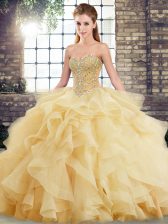 Fashionable Sweetheart Sleeveless Brush Train Lace Up Sweet 16 Quinceanera Dress Gold Tulle