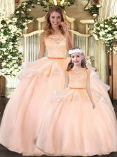 Stunning Floor Length Peach Sweet 16 Quinceanera Dress Organza Sleeveless Lace