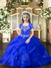 Affordable Royal Blue Ball Gowns Beading and Ruffles Little Girls Pageant Dress Wholesale Lace Up Tulle Sleeveless Floor Length