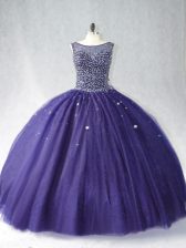 Most Popular Floor Length Purple Quince Ball Gowns Scoop Sleeveless Zipper