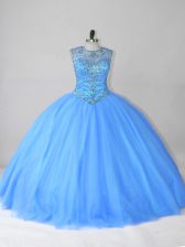  Blue Lace Up 15th Birthday Dress Beading Sleeveless Floor Length