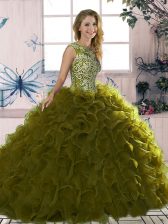 Noble Olive Green Organza Lace Up 15 Quinceanera Dress Sleeveless Floor Length Beading and Ruffles