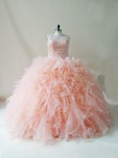 Suitable Ball Gowns Sweet 16 Dress Peach Scoop Tulle Sleeveless Floor Length Lace Up
