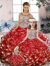 Flirting Red Sleeveless Beading and Ruffles Floor Length Vestidos de Quinceanera