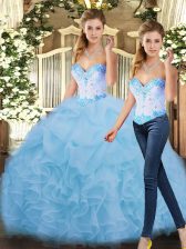 Fabulous Sleeveless Organza Floor Length Lace Up Ball Gown Prom Dress in Blue with Beading and Ruffles