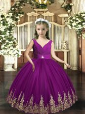 Perfect Ball Gowns Pageant Dress Eggplant Purple V-neck Tulle Sleeveless Floor Length Backless