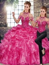 Great Organza Halter Top Sleeveless Lace Up Beading and Ruffles Quince Ball Gowns in Fuchsia