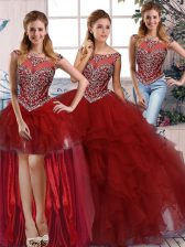 Latest Burgundy Organza Zipper Scoop Sleeveless Floor Length Quinceanera Dresses Beading and Ruffles