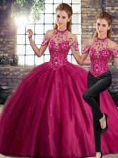 Fuchsia Two Pieces Halter Top Sleeveless Tulle Brush Train Lace Up Beading Quinceanera Dresses