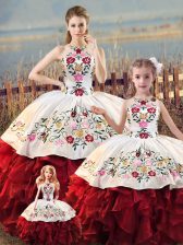 Comfortable Floor Length White And Red Quinceanera Gowns Halter Top Sleeveless Lace Up