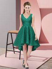  Peacock Green A-line Lace V-neck Sleeveless Lace High Low Zipper Court Dresses for Sweet 16