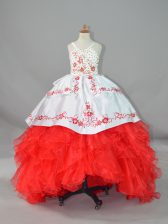  White And Red Ball Gowns Beading and Embroidery and Ruffles Pageant Dress for Teens Lace Up Satin and Organza Sleeveless