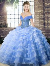 Lace Up 15 Quinceanera Dress Blue for Military Ball and Sweet 16 and Quinceanera with Beading and Ruffled Layers Brush Train
