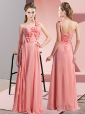 Traditional Sleeveless Chiffon Floor Length Lace Up Dama Dress for Quinceanera in Watermelon Red with Hand Made Flower