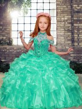 Discount Apple Green Organza Lace Up Pageant Gowns For Girls Sleeveless Floor Length Beading and Ruffles