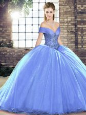 Dazzling Beading 15 Quinceanera Dress Lavender Lace Up Sleeveless Brush Train